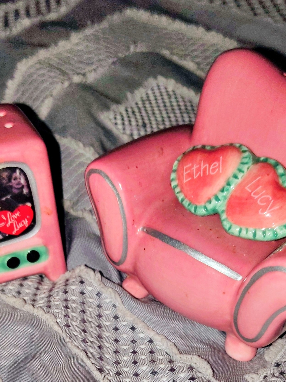 Vintage I Love Lucy and Ethel Tv Chair Retired Pink Sofa Salt and Pepper Shakers